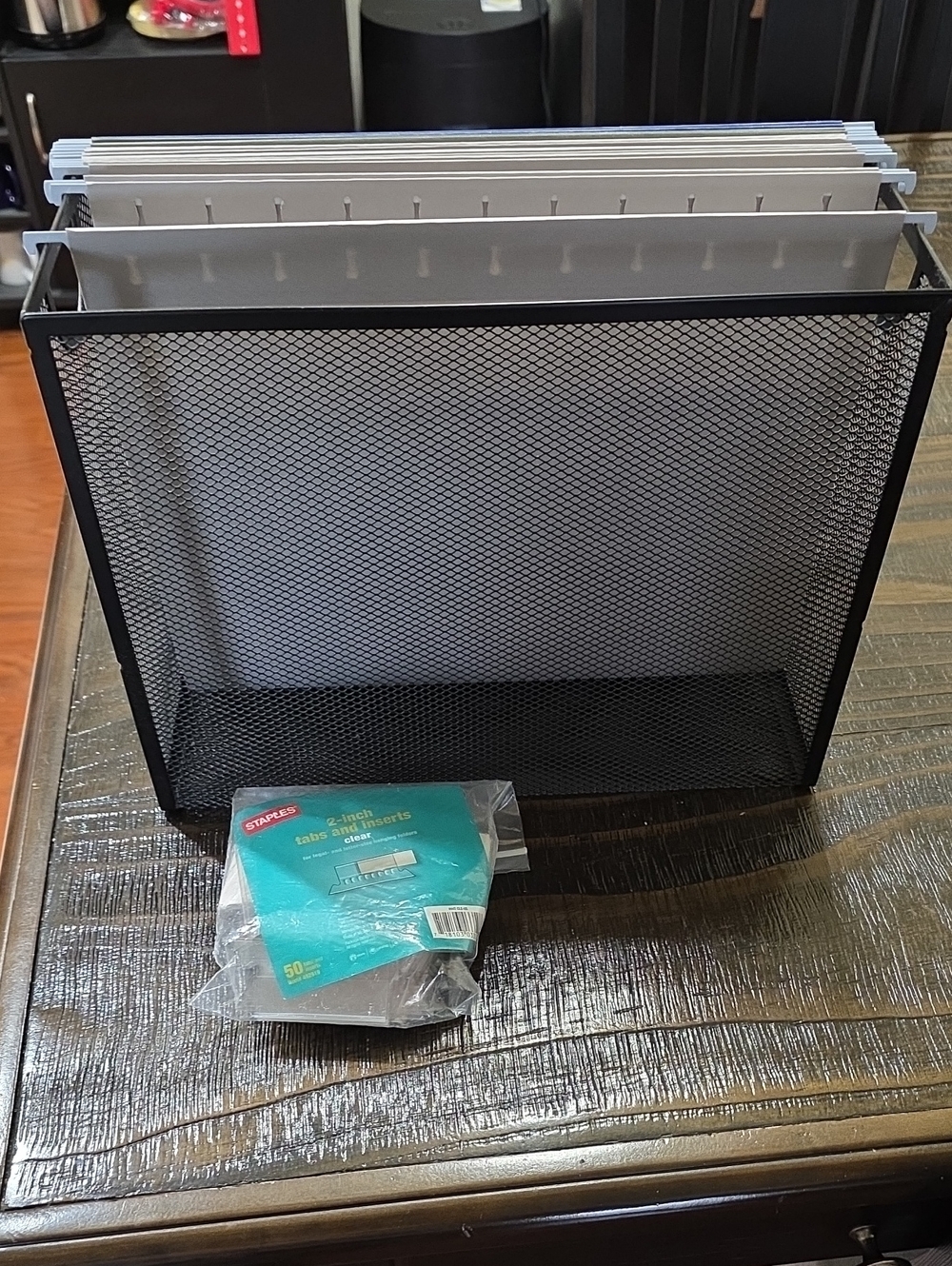 Black Mesh Hanging File Organizer with Gray File Folders